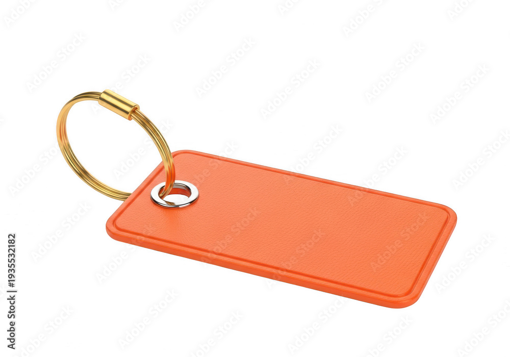 Fototapeta premium A bright orange keychain with a gold-colored keyring attached to it. isolated on transparent background