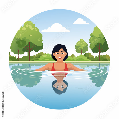 Smiling Woman Enjoying a Refreshing Swim in a Serene Outdoor Pool Surrounded by Lush Nature