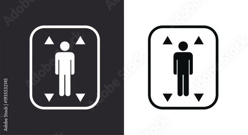Graphic illustration of two elevator buttons with human figures and arrows indicating movement directions on black and white backgrounds.