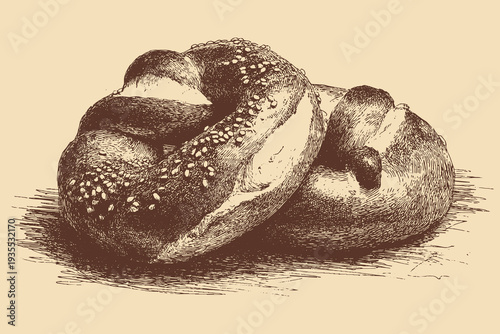 Turkish Simit (sesame bagel) illustration in a vintage style. This vector illustration can be used in any size you like for advertising, logos, and other work.