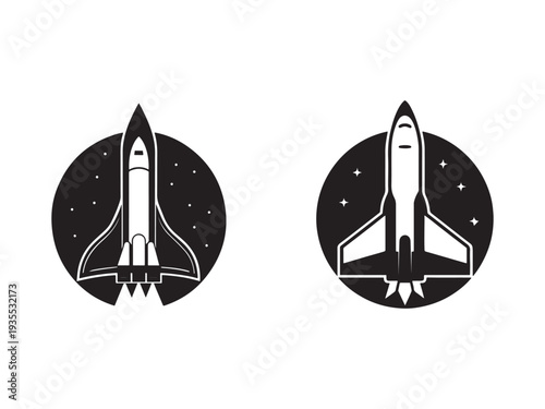 Space shuttle icons with starry night sky background  space exploration symbols  rockets in outer space