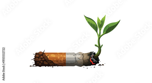 A cigarette butt with a small green plant sprouting from it on a plain white background.