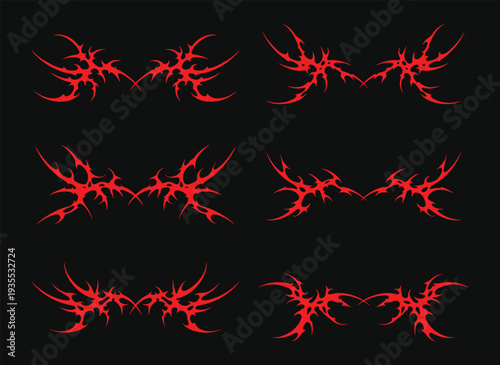 Symmetrical Red Cyber Sigilism Wings for Streetwear and Edgy Apparel Design, A set of aggressive symmetrical red wing shapes in a neo-tribal and cyber sigilism style perfect for t-shirt prints.