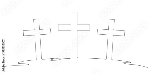 Minimal line illustration of three crosses on a hill, symbolizing the crucifixion of Jesus Christ, easter, faith, sacrifice, salvation, and Good Friday.