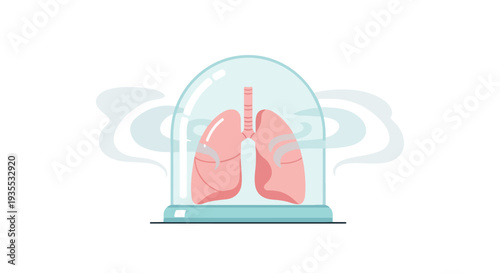 Illustration of human lungs under a protective glass dome with smoke or fog around it on a white background.