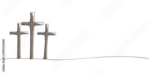 Minimal illustration of three wooden crosses on a hill, symbolizing the crucifixion of Jesus Christ, sacrifice, redemption, and Christian faith.
