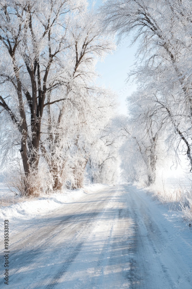 Fototapeta premium Winter season adventure exploration. A winter scene with a snowy road lined with frosted trees, their branches covered in a thick layer of snow. The sky is a clear blue, indicating a cold winter day.
