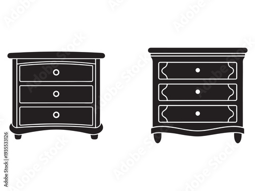 Two black and white chest of drawers silhouettes with three drawers each  modern and classic designs  furniture illustrations