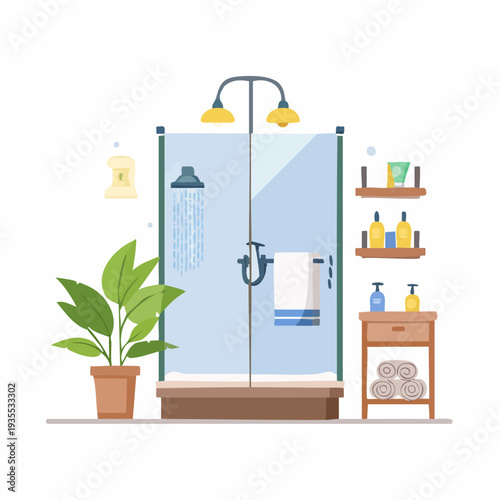 Modern bathroom interior with shower, plant, and shelving with toiletries