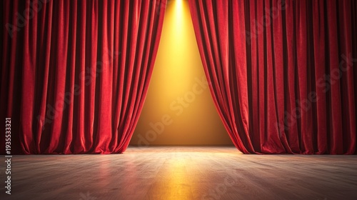 A stage with rich red curtains parted to reveal a warm spotlight illuminating an empty wooden floor.