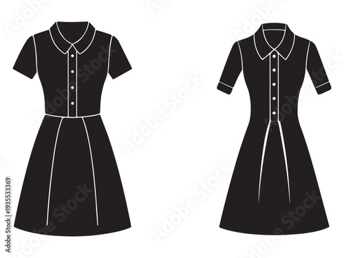 Two black and white dresses with short sleeves and collars side by side on white background