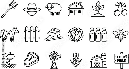 Agriculture and Farm Line Icon Set with Farmer Hat, Sheep, Barn, Crops, Cow, Milk Bottles, Windmill and Organic Farming Symbols