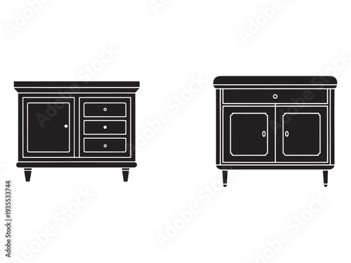 Two black and white illustrations of different sideboards with doors and drawers  furniture design  home decor  cabinet styles