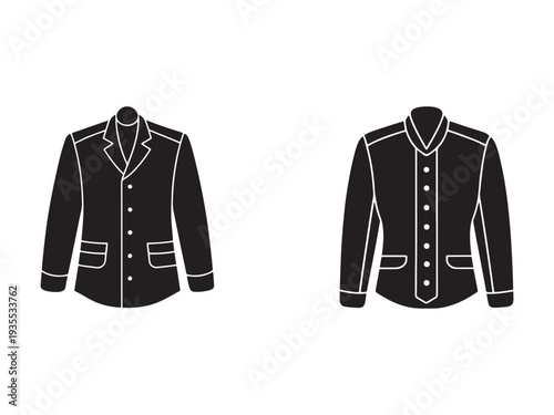 Two black and white illustrations of mens jackets with buttons and pockets  side by side on white background