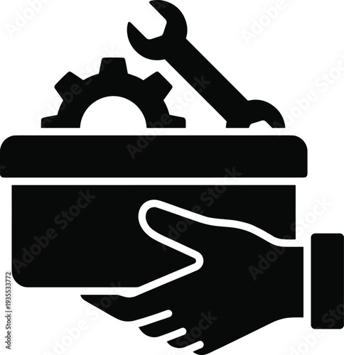 Business Service and Technical Support Icon with Hand, Toolbox, Gear and Wrench Symbol Representing Maintenance and Repair Concept