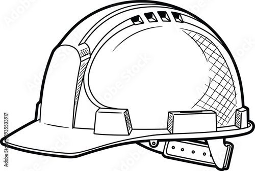 Black and white construction hard hat illustration with detailed line drawing, safety helmet design, chin strap, ventilation slots, and protective equipment concept