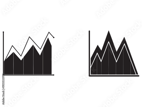 Two black and white line graphs on white background showing business data analysis and statistics with multiple peaks and valleys  financial and economic growth trends