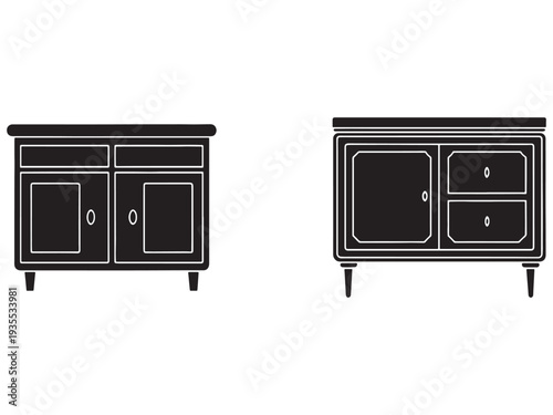 Two black and white line drawing sideboards with doors and drawers  furniture design elements