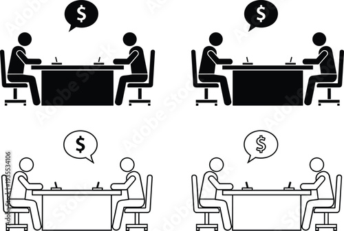 Business Negotiation Icon Set with Two People at Table Money Discussion Silhouette and Line Art Vector