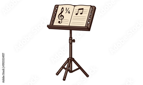 Music Stand with Sheet Music, Treble Clef, and Musical Notes
