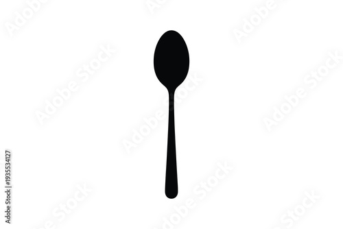 A black and white illustration of a simple, classic spoon. Vector