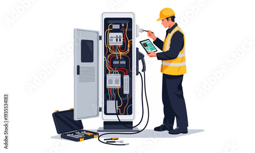 Electrician Servicing Electric Vehicle Charging Station Panel