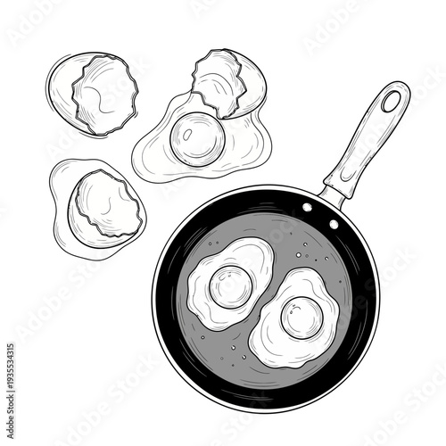 Fried Eggs in Pan Cooking Breakfast Food Kitchen Line Illustration Vector