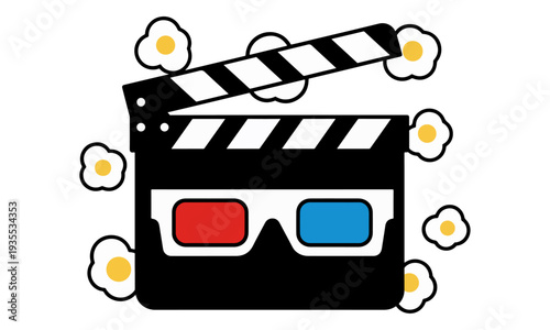 Cinema Concept with Film Clapper, 3D Glasses, and Popcorn