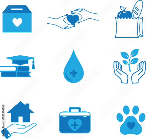 Set of charity and donation icons representing social support, healthcare, and community welfare