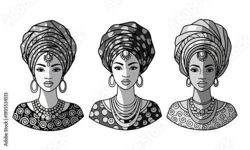 Stylized African Women Portraits with Headwraps and Jewelry