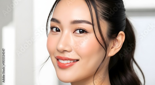 Close up portrait of a young woman smiling with natural makeup