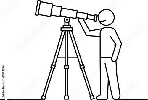 Minimal Line Art Astronomer Looking Through Telescope Science Observation Vector Illustration