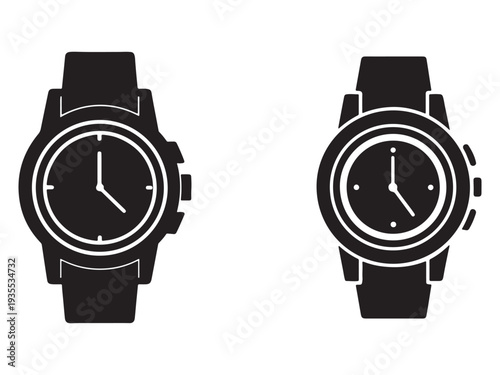 Two black and white watch silhouettes with white outlines on white background  simple timepieces