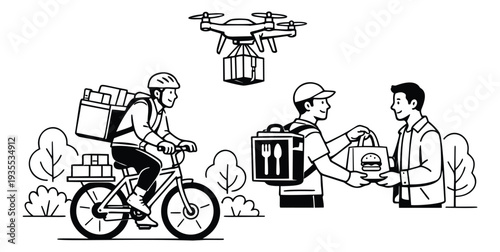 Hand drawn line art illustration of digital delivery depicting a cyclist, drone, and food courier providing goods for fast express shipping and online ordering
