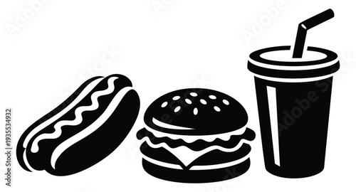 Iconic fast food set featuring a hot dog, hamburger, and drink for restaurant menus