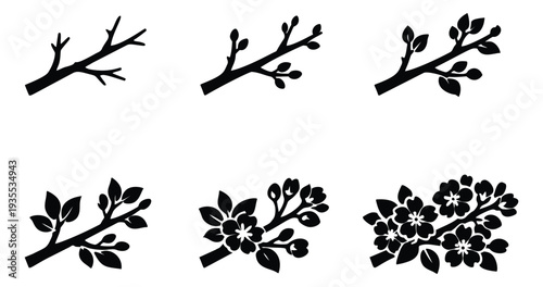 Stylized silhouette blooming branch set featuring the spring growth process for nature designs