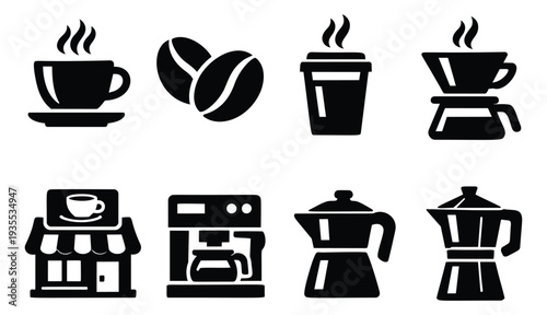 Minimalist icon coffee set featuring cups, beans, brewing equipment, and a cafe for UI and menu design