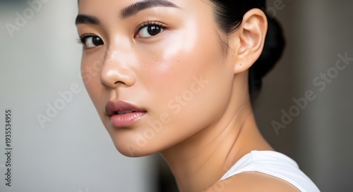 Close up portrait of asian woman with radiant skin and natural makeup
