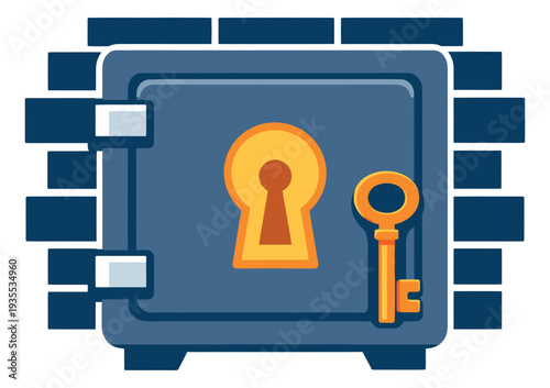 Flat design illustration of a security safe with a key and keyhole depicting protection and access for valuables