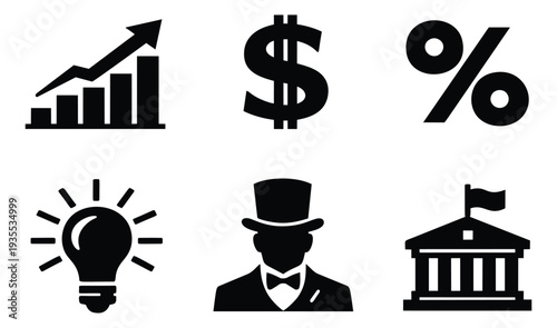 Graphic business icon set featuring growth charts, currency, ideas, and financial institutions for economic concepts