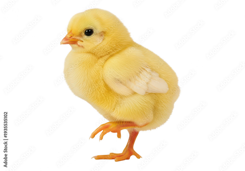 Fototapeta premium A small, yellow chick with bright orange feet and beak standing on a white background. isolated on transparent background
