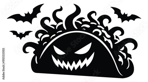 Silhouette illustration of a monster taco depicting a scary face with bats flying around for halloween designs