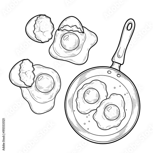 Fried Eggs in Pan Cooking Breakfast Food Kitchen Line Illustration Vector