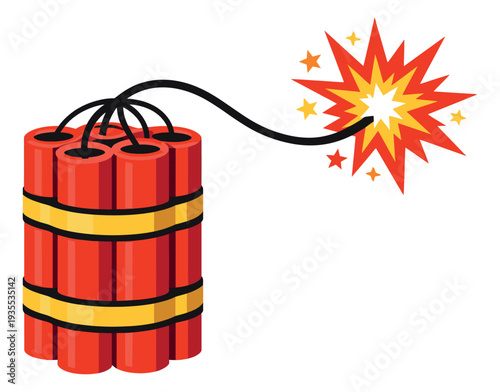 Cartoon illustration of a lit dynamite bundle depicting an explosive blast for danger and demolition concepts