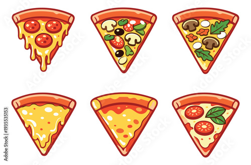 Colorful comic style pizza slices set featuring pepperoni, mushroom, cheese, and margherita varieties for restaurant menus