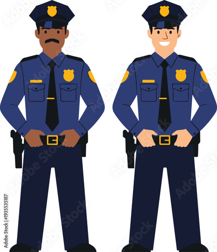 Police officers cartoon characters set, male law enforcement uniforms, security guard avatars, public safety service vector illustration