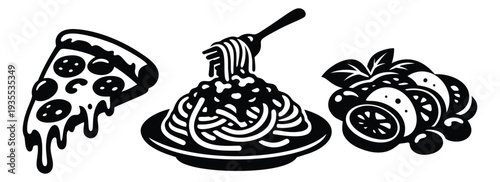 Stylized food icons set featuring a pizza slice, spaghetti, and salad for restaurant menus and food concepts