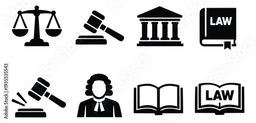 Modern flat design law and justice set featuring legal symbols, gavels, a judge, and books for legal concepts and the justice system
