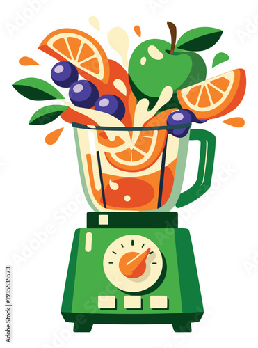 Flat design illustration of a blender depicting fresh fruits and juice splashing as it blends for healthy living