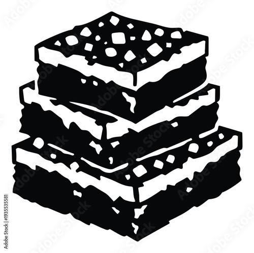 Hand drawn line art illustration of brownies depicting a stack of sweet treats for a dessert advertisement